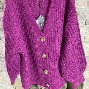 AVA&VIV 3X, MAGENTA, KNIT SWEATER WITH 4 BUTTONS, V- NECK